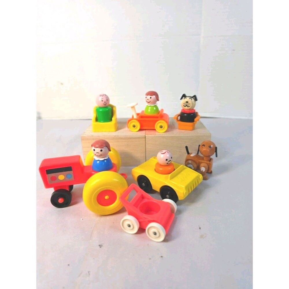 Vintage Fisher Price Little People Accessories 12pc Tractor Dogs Car Chairs Ect
